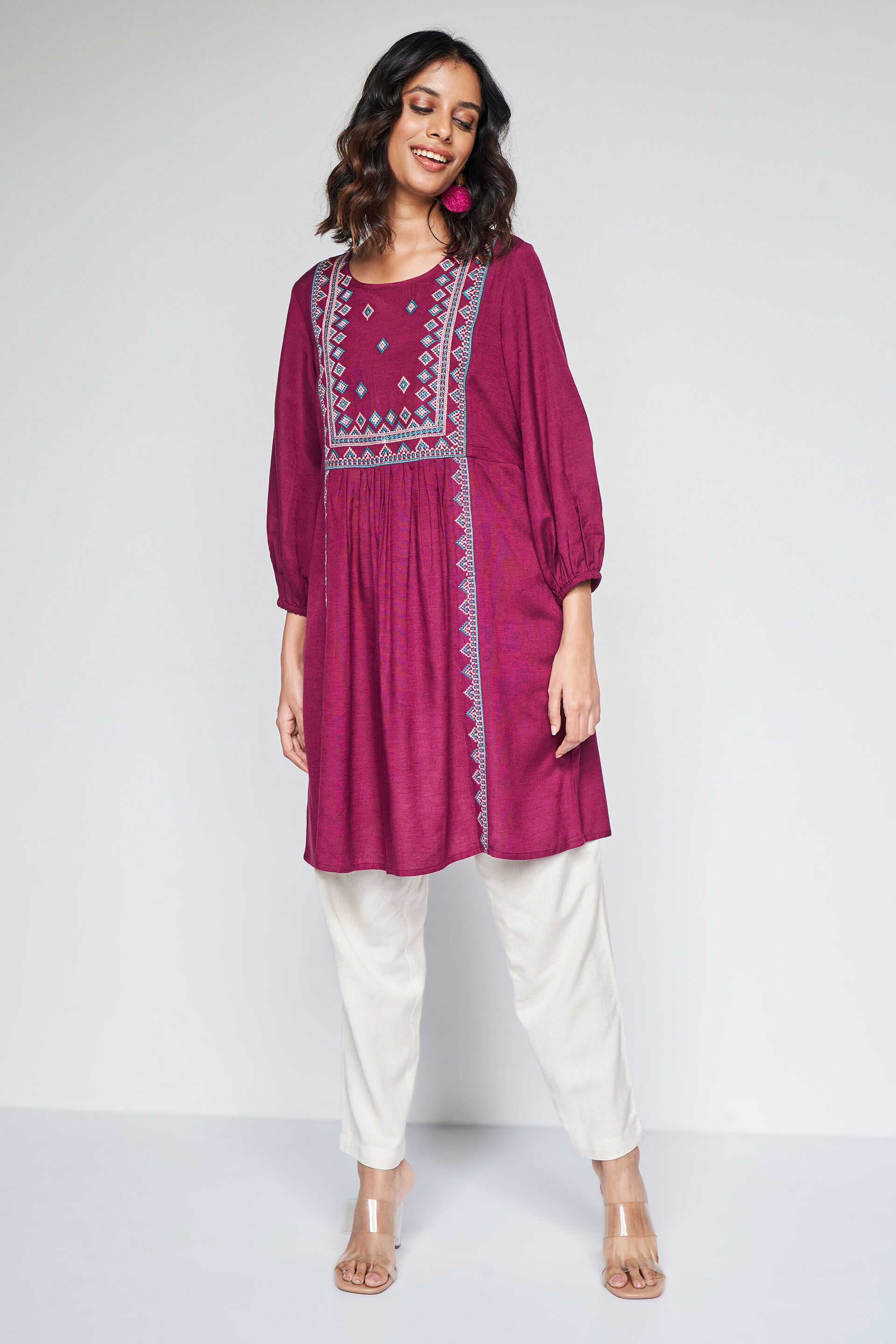 Casual Round Neck Tunic, Wine, image 3